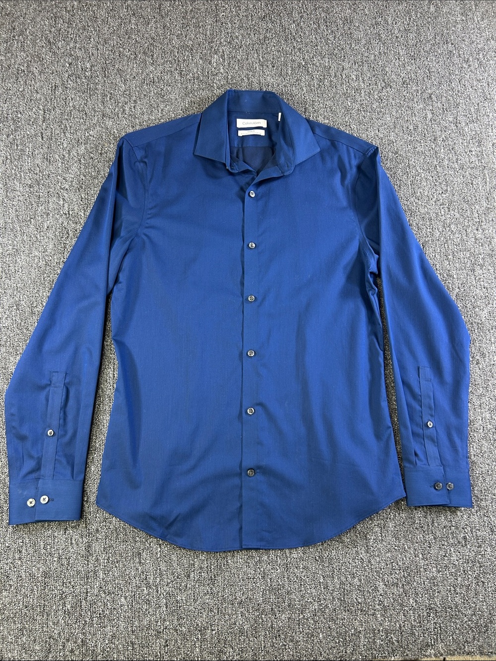 Calvin Klein Steel+ Extra Slim Fit Blue Herringbone Dress Shirt Mens 15 32/33